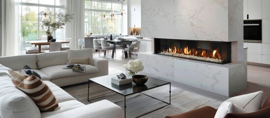 Modern living room with an open layout extending into the dining room and kitchen, featuring a gas fireplace with a marble finish.
