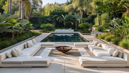Outdoor poolside area with modern furniture and fireplace, surrounded by garden with tropical plants and trees