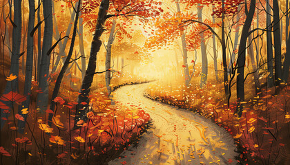 A painting of a forest with a winding road