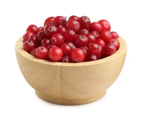 Fotobehang Wooden bowl of fresh ripe cranberries isolated on white © New Africa