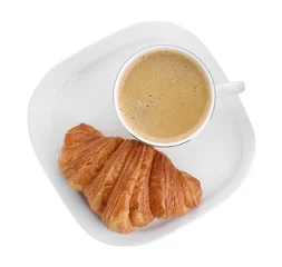 Fotobehang Fresh croissant and coffee isolated on white, top view. Tasty breakfast © New Africa