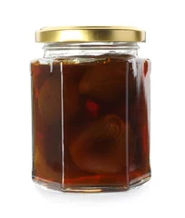 Schilderijen op glas Jar of tasty sweet fig jam isolated on white © New Africa
