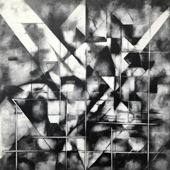 Geometric monochrome painting with charcoal blending on canvas. Contemporary painting. Modern poster for wall decoration