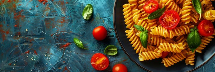 Fusilli pasta with tomatoes and basil on blue background.