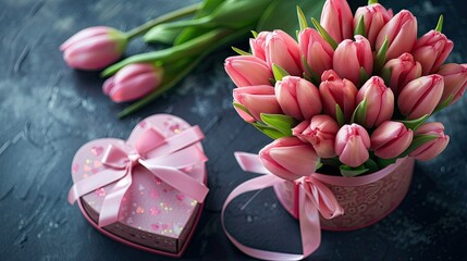 A stunning bouquet of pink tulips adorned with a delicate silk ribbon rests beside a heart shaped gift box featuring a charmingly tied pink bow all symbolizing the essence of a thoughtful s