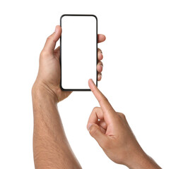 Man using smartphone with blank screen isolated on white, closeup. Mockup for design