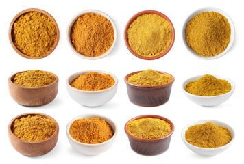 Curry in bowls isolated on white, top and side views. Collage