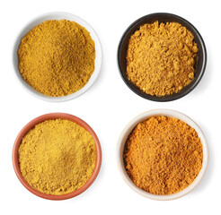 Set of curry in bowls isolated on white, top view