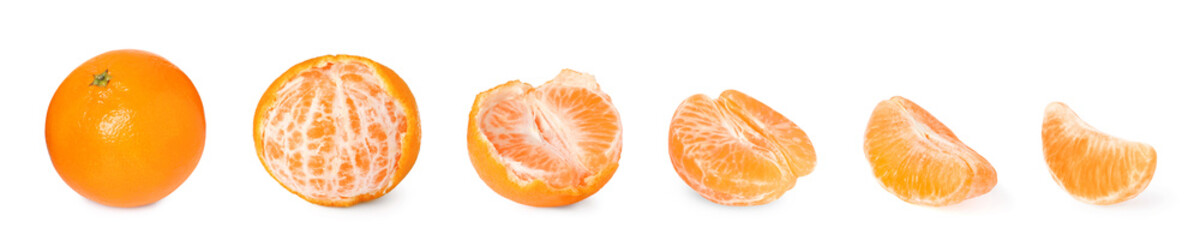 Juicy ripe tangerine isolated on white, collage