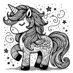 Fototapeta premium ink, beautiful, black and white, line, picture, line art, cartoon, background, decoration, art, silhouette, drawing, paint, sketch, illustration, set, design, ornament, cute, detailed, unicorn