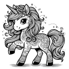 Fototapeta premium ink, beautiful, black and white, line, picture, line art, cartoon, background, decoration, art, silhouette, drawing, paint, sketch, illustration, set, design, ornament, cute, detailed, unicorn
