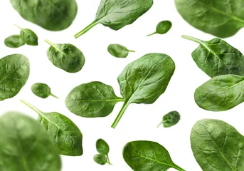 Plexiglas foto achterwand Fresh green spinach leaves falling on white background © New Africa