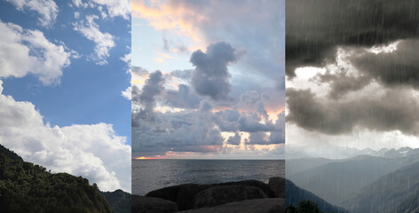 Weather forecast, banner design. Collage with different photos