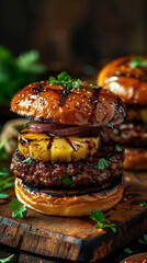 Beautiful presentation of Grilled pineapple teriyaki burgers, hyperrealistic food photography