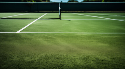 Fototapeta premium Empty Green Tennis Court with Vivid Court Lines and Net