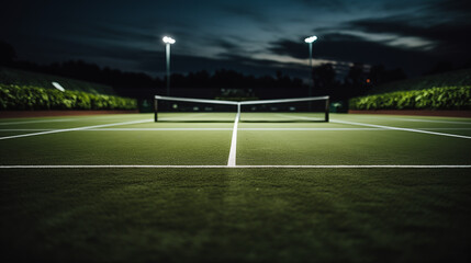 Fototapeta premium Illuminated Tennis Court at Dusk with Bright Court Lines