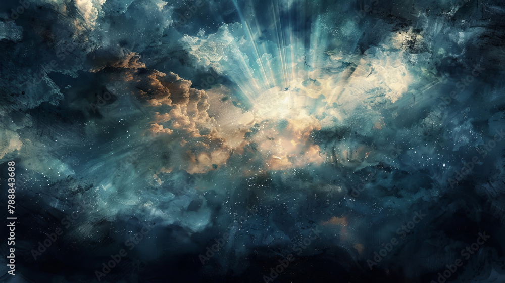 Poster a cloudy sky with a bright sun shining through the clouds