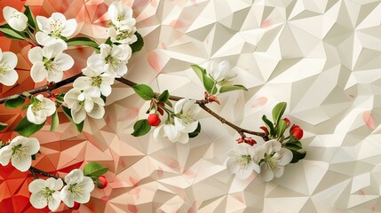 Delightful greeting card design featuring a branch adorned with apple blossoms set against a stylish white and red geometric backdrop complete with space for your own message Perfect for Ea
