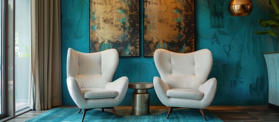 Apartment featuring contemporary armchairs and a turquoise wall.