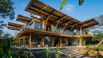 A sustainable construction project utilizing locally sourced renewable materials such as bamboo...