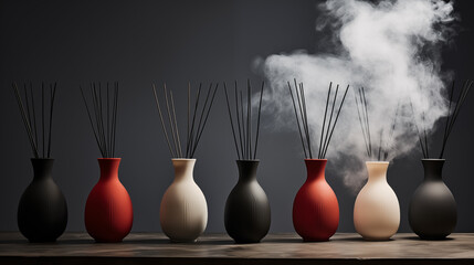 Stylish Reed Diffusers with Elegant Vases on Wooden Surface - obrazy, fototapety, plakaty