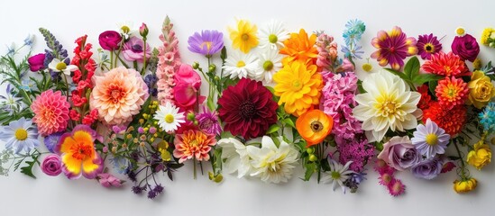 Floral arrangement of assorted colorful flowers set against a white backdrop. Represents Easter, spring, and summer themes. Presented in a flat lay style with a top view and empty space for text.