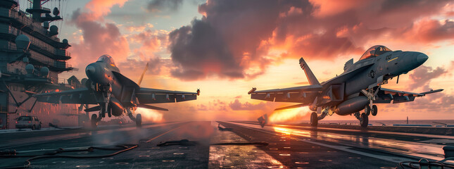 sunset  scene of two fighter jet landing on a battle ship hyper realistic.   - Powered by Adobe