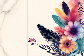 Home panel wall art three panels, colorful marble background with flowers and feathers silhouette