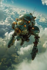 large robot flying air clouds films tan early tiny spaceship - obrazy, fototapety, plakaty