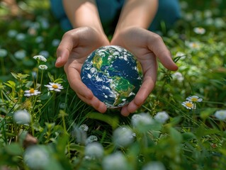 Holding the Earth in hand, on the grass