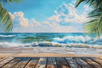 Summer tropical sea with waves, palm leaves and blue sky with clouds. Perfect vacation landscape with empty wooden table - generative ai