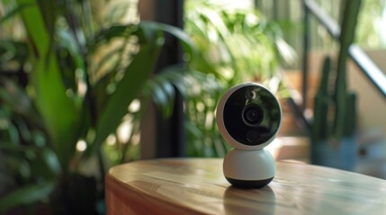 Closeup of a smart home security camera equipped with motion detection and live streaming capabilities. .