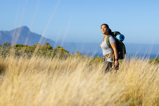 Biracial female hiker standing in tall grass, copy space
