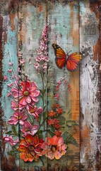 butterfly flowers wooden panel rustic weathered multi layered artworks pink door red white blossoming rhythm fences sales spring day