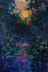 pond princess pads trees background purple yellow lighting dunlap moon connected nature via vines jungle wake unseen object midsummer
