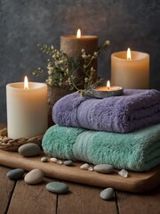 Obraz na płótnie Canvas Four candles of varying sizes lit, casting warm glow on stack of fluffy towels in purple, teal. Towels sit on wooden board surrounded by smooth stones, small bouquet of white flowers in rustic vase.
