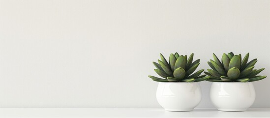 Two succulent plants are displayed on a white desk or shelf against a white wall, providing room for text.