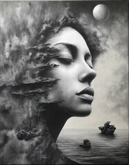 Surreal grayscale tones portrait with charcoal blending on canvas. Contemporary artwork. Modern poster for wall decoration