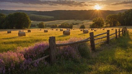 Sun sets over rural landscape, casting warm glow over rolling hills, fields. Round hay bales dot golden field, evidence of recent harvest. Rustic wooden fence lines grassy path.