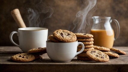 Stack of chocolate chip cookies rests in, around white mugs on rustic wooden table. Steam rises from mugs, suggesting warm beverage like coffee, hot chocolate, pitcher of juice sits in background.