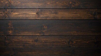 Several planks of wood arranged horizontally to create flat surface. Wood dark brown color with visible grain, several knots. Surface weathered, worn, with some cracks.