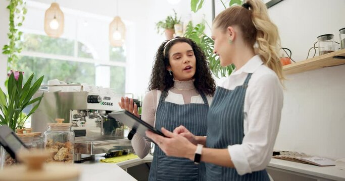 Woman, cafe and employees talking with tablet, happy and laughing in conversation or learning with new staff. Digital, small business or touch screen systems, online search or program with teamwork