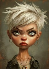 closeup cartoon short hair great details portrait rugged girl frown humorous oil defiant look attitude asymmetrical haircut pissed off well designed - obrazy, fototapety, plakaty