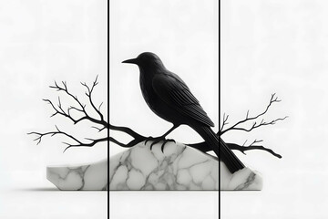 Home panel wall art three panels, bird on root silhouette on white marble background