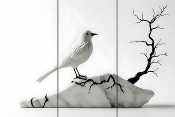 Home panel wall art three panels, bird on root silhouette on white marble background