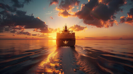 Container ship sails into evening sunset, symbolizing global trade and logistics - obrazy, fototapety, plakaty