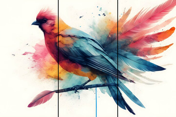 Home panel wall art three panels, colorful marble background with bird and feathers silhouette - obrazy, fototapety, plakaty