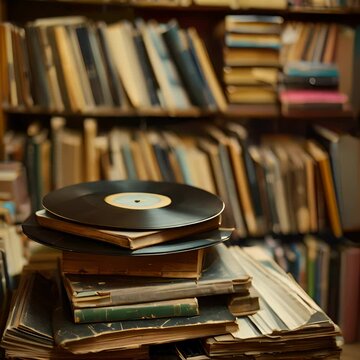 A stack of old books with a record on top of it in a library