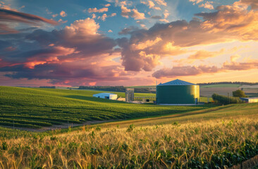 Contemporary biogas plant surrounded by farmland in the countryside under a colorful sunset sky - obrazy, fototapety, plakaty