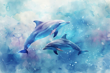 Obraz premium Two dolphins swimming in the ocean